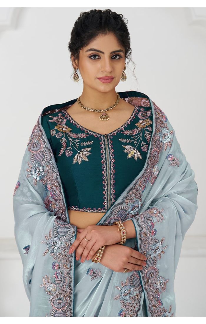 Close-up of neckline and sleeve embroidery on contrast blouse and detailed zari border work on saree.