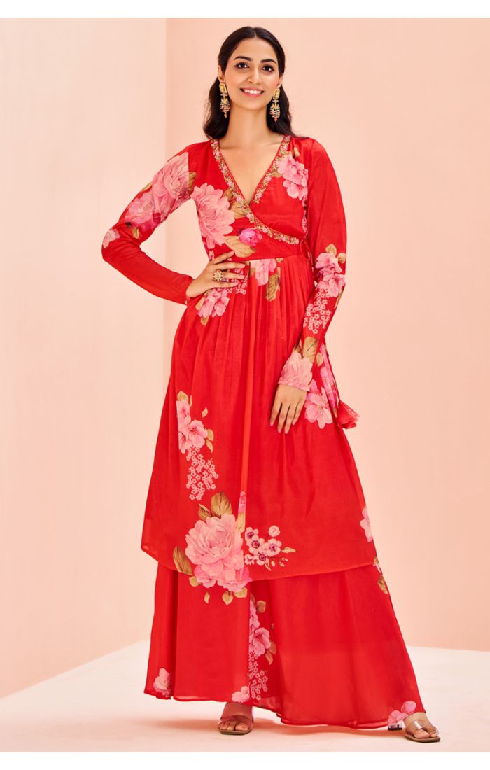 Floral Red Organza Kurti with Intricate Embroidery for Eid Celebrations