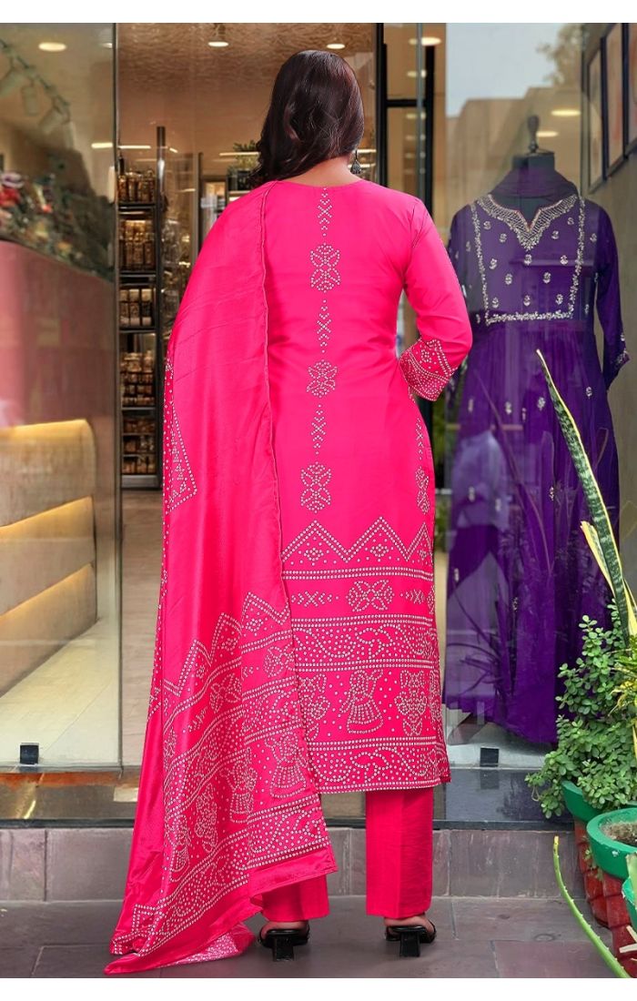 Fuchsia Pink Bandhani Kurta Pant Set with Mirror Work for Festive & Wedding Wear