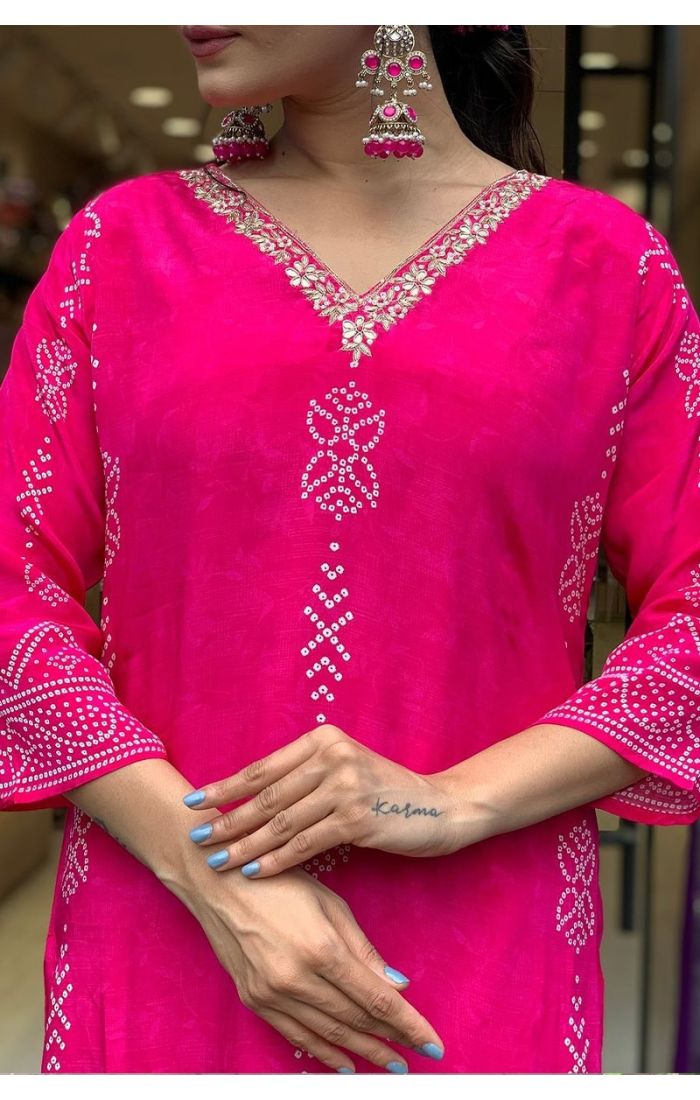 Fuchsia Pink Bandhani Kurta Pant Set with Mirror Work for Festive & Wedding Wear