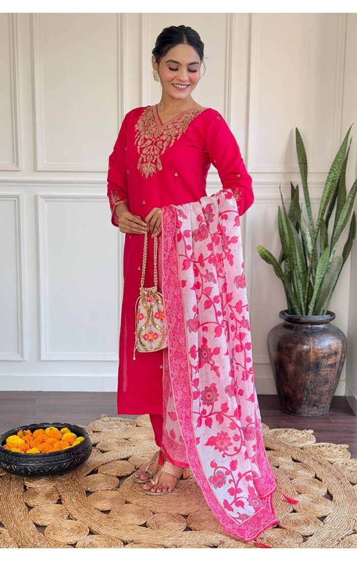 Fuchsia Pink Embroidered Kurti Set with Floral Organza Dupatta – Indian Festive & Wedding Wear