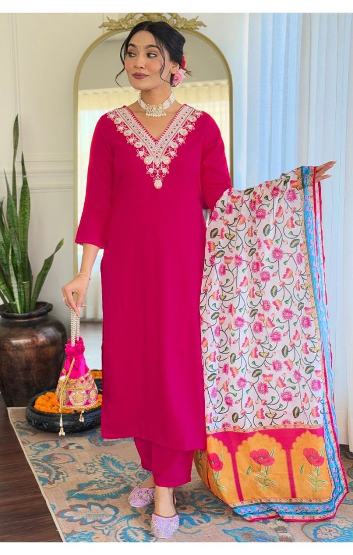 Fuchsia Pink Rayon Embroidered Salwar Suit with Chiffon Floral Dupatta for Wedding & Festive Wear