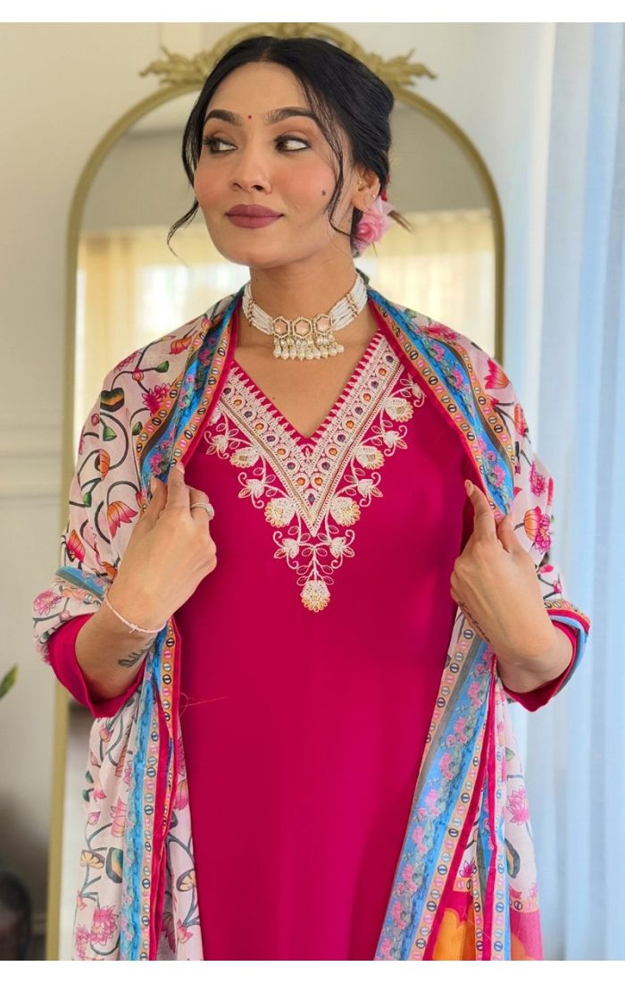 Fuchsia Pink Rayon Embroidered Salwar Suit with Chiffon Floral Dupatta for Wedding & Festive Wear