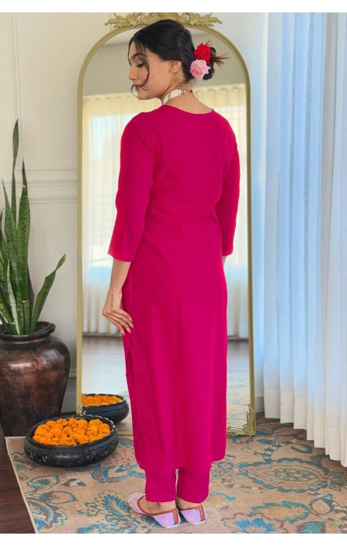 Fuchsia Pink Rayon Embroidered Salwar Suit with Chiffon Floral Dupatta for Wedding & Festive Wear