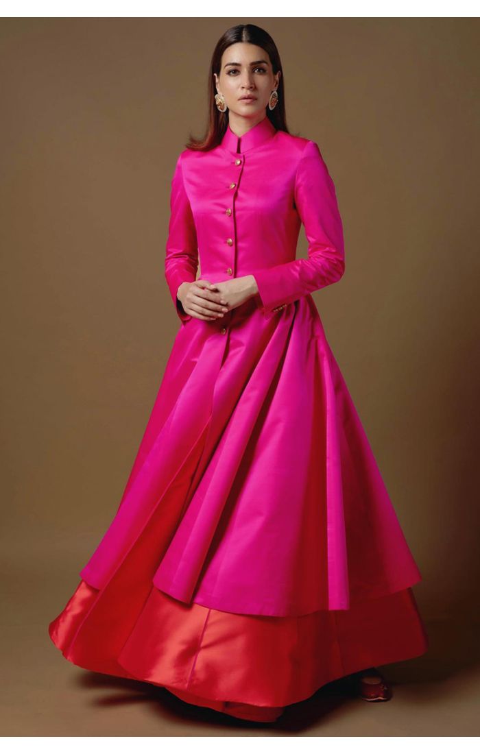 Fuchsia Pink Satin Anarkali with Gold Button Detail - Eid Collection for Women