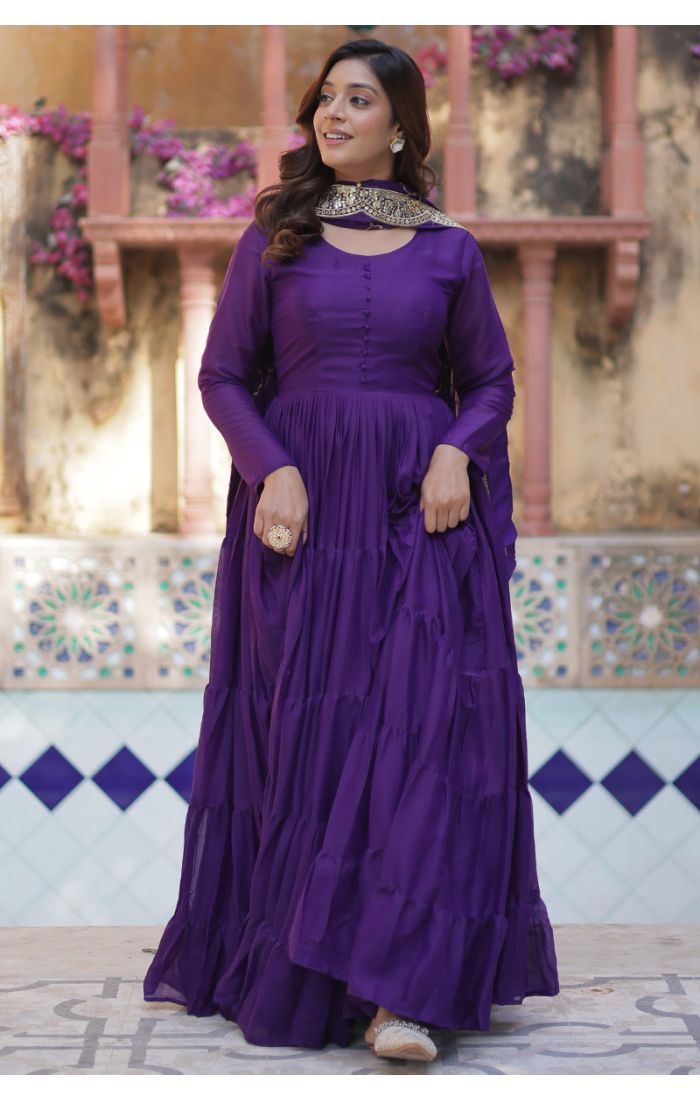 Buy Royal Purple Star Georgette Anarkali Gown with Sequin Dupatta for Weddings & Festive Occasions online - SALV5694 | Appelle Fashion 