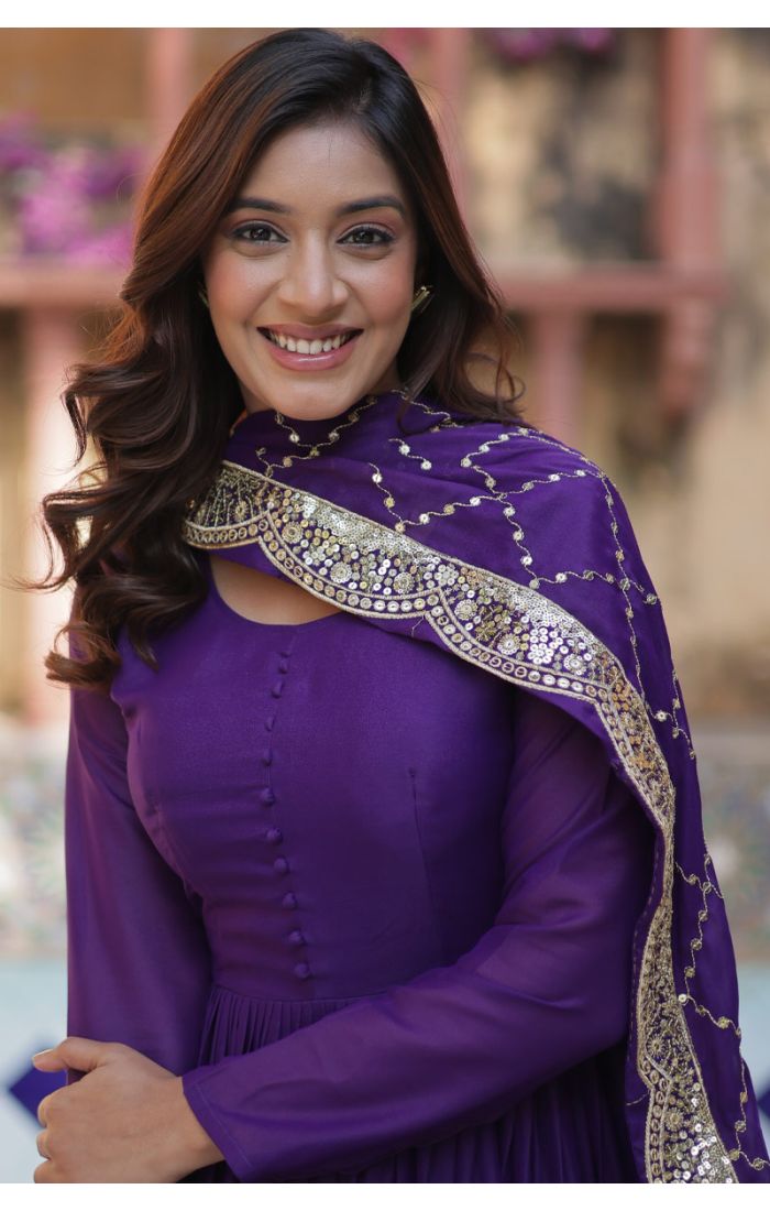 Buy Royal Purple Star Georgette Anarkali Gown with Sequin Dupatta for Weddings & Festive Occasions online - SALV5694 | Appelle Fashion 