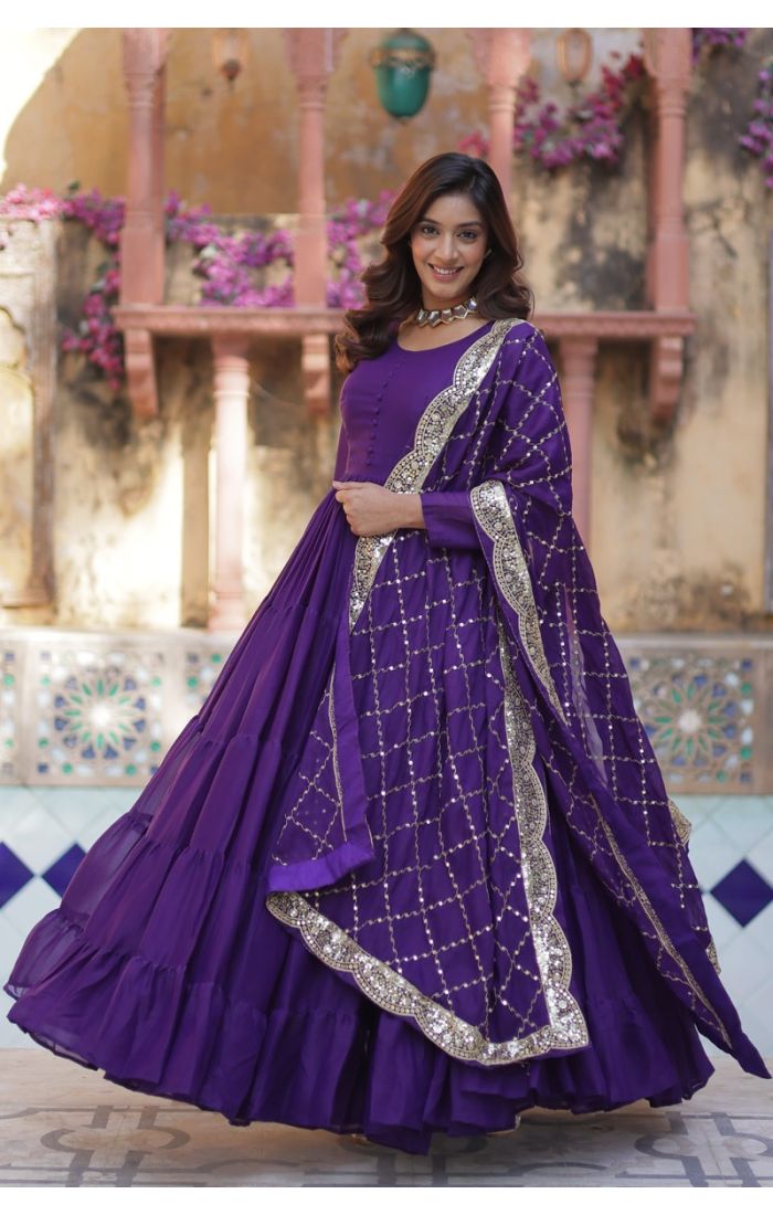 Buy Royal Purple Star Georgette Anarkali Gown with Sequin Dupatta for Weddings & Festive Occasions online - SALV5694 | Appelle Fashion 