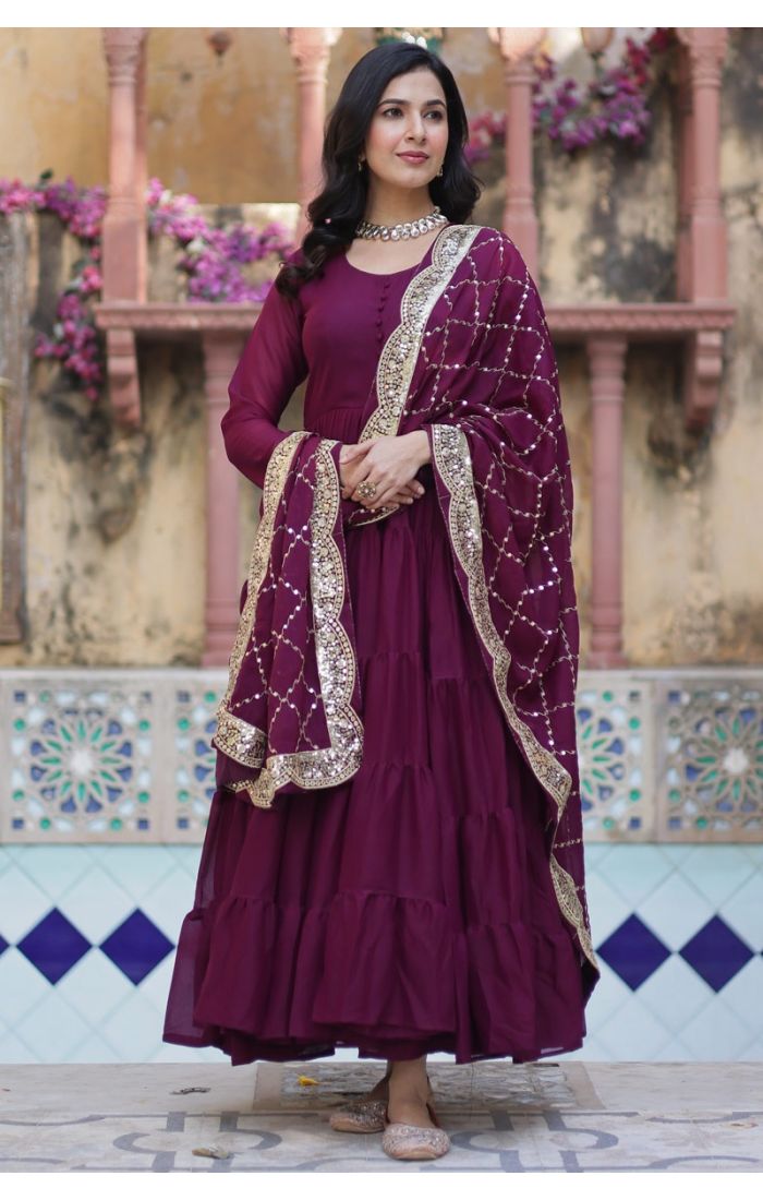 Buy Georgette Wine Purple Long Gown with Sequins Dupatta Ethnic Wear Online USA, Canada, UK, Europe online - SALV5697 | Appelle Fashion 