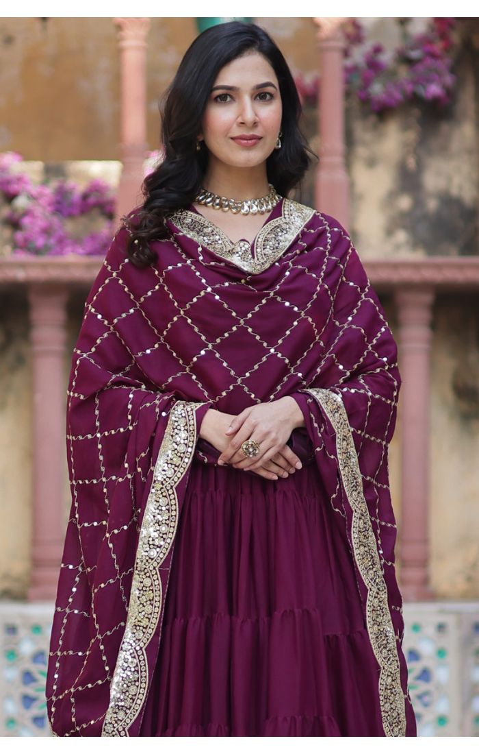 Buy Georgette Wine Purple Long Gown with Sequins Dupatta Ethnic Wear Online USA, Canada, UK, Europe online - SALV5697 | Appelle Fashion 