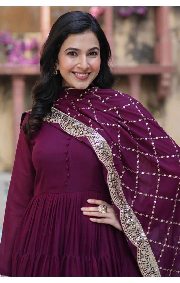 Buy Georgette Wine Purple Long Gown with Sequins Dupatta Ethnic Wear Online USA, Canada, UK, Europe online - SALV5697 | Appelle Fashion 