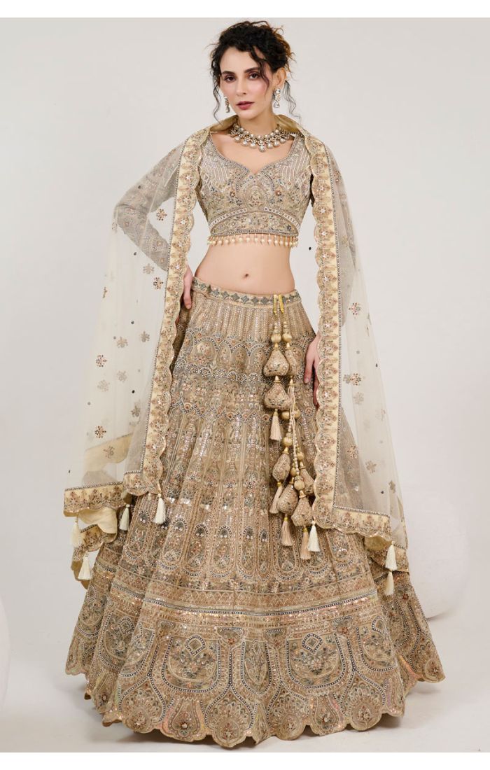 Gold Embroidered Bridal Lehenga with Zari Work and Tassels in UK - LEHV3878