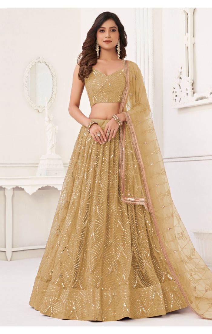 Golden Embroidered Lehenga Choli with sequin work, perfect for weddings and festive celebrations in the UK and worldwide.