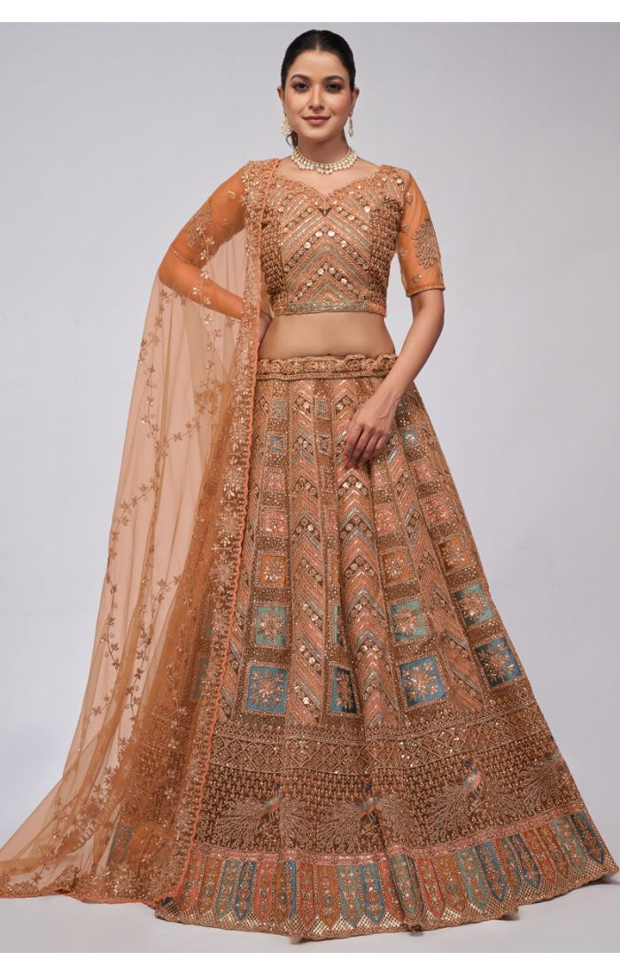 Golden Embroidered Net Lehenga for Weddings and Celebrations for UK Weddings