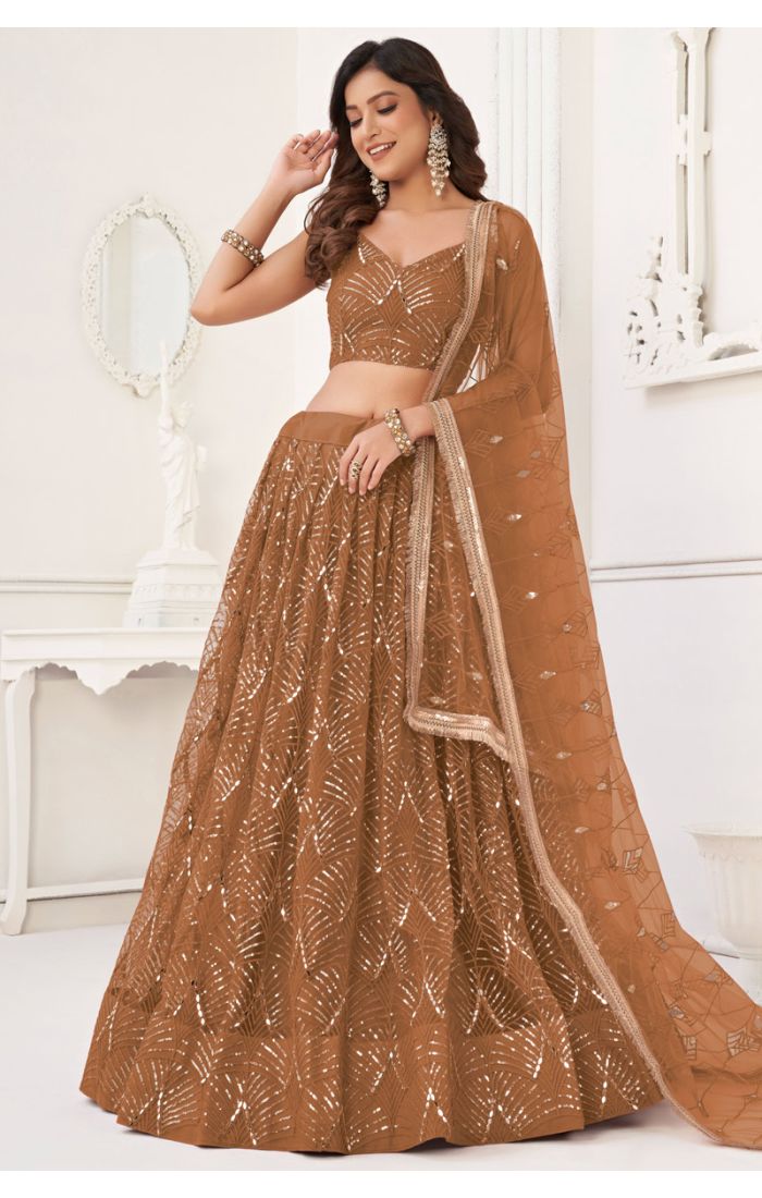 Golden Glimmer Art Silk Lehenga with Sequin Embroidery – Perfect for Weddings and Festive Celebrations in the UK and Europe.