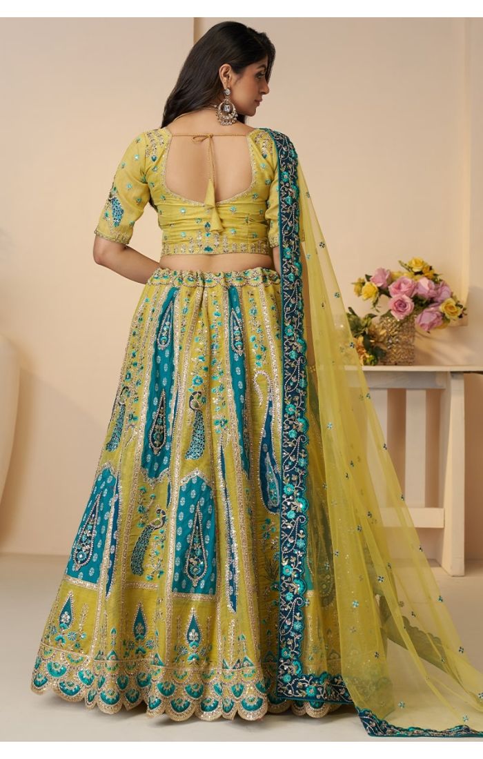 Back view of golden net blouse and flared lehenga with teal embroidery details