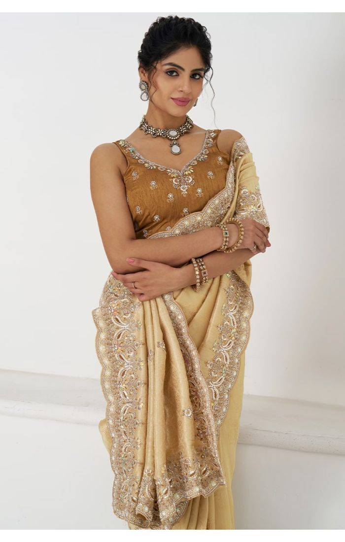  Close-up of Sequins and Beads Work on Golden Dola Silk Saree
