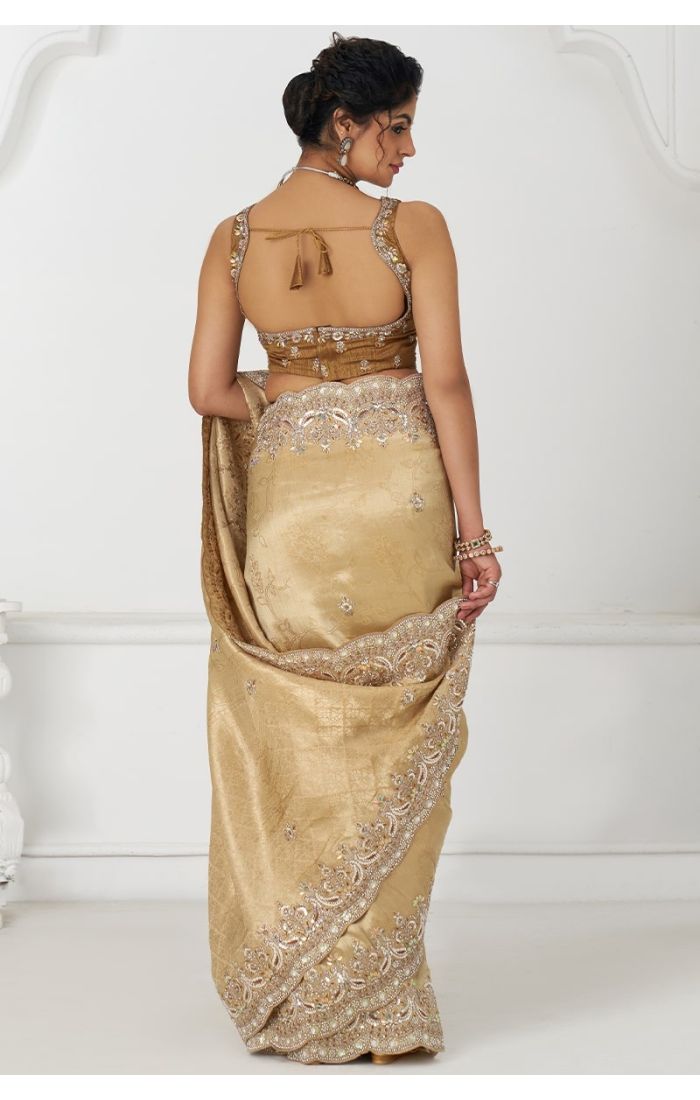 Back View of Golden Pure Dola Viscose Silk Saree with Designer Embroidery
