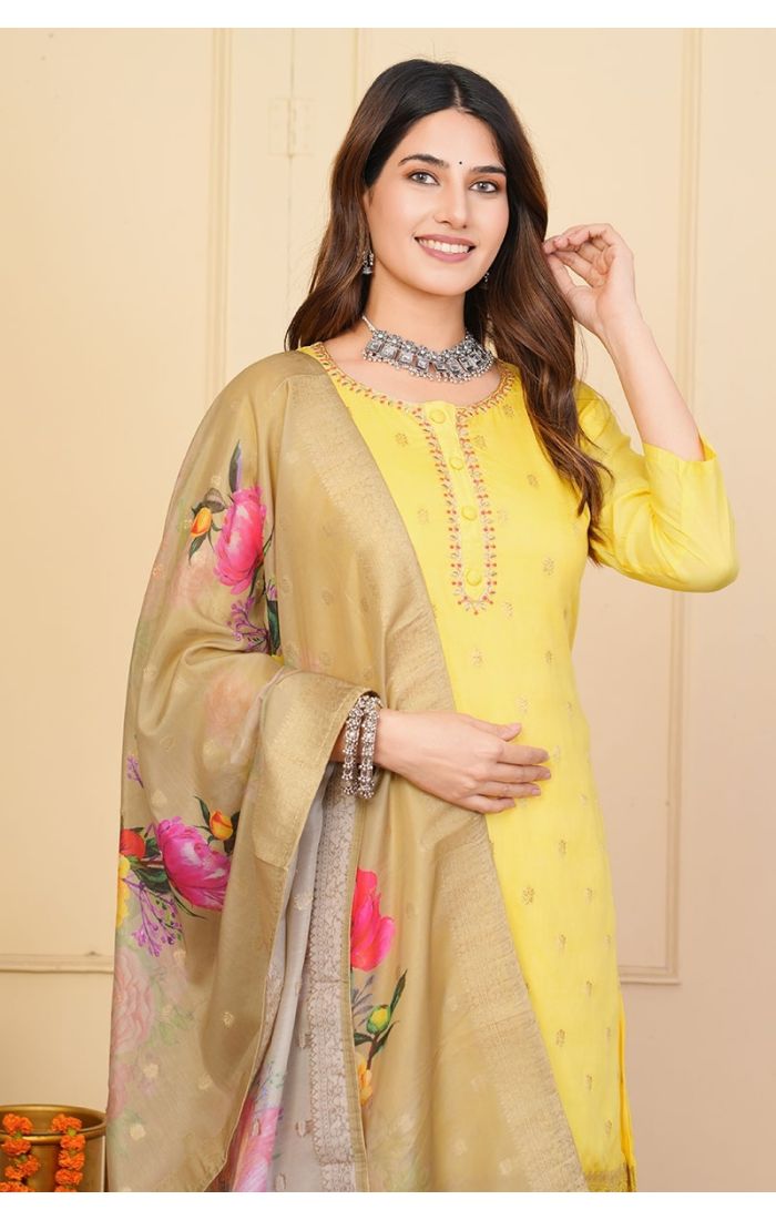 Golden Yellow Embroidered Chanderi Kurta Set with Floral Dupatta – Festive & Wedding Wear