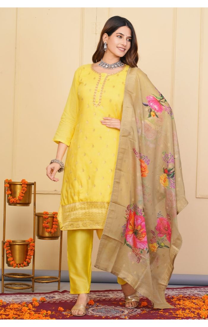 Golden Yellow Embroidered Chanderi Kurta Set with Floral Dupatta – Festive & Wedding Wear