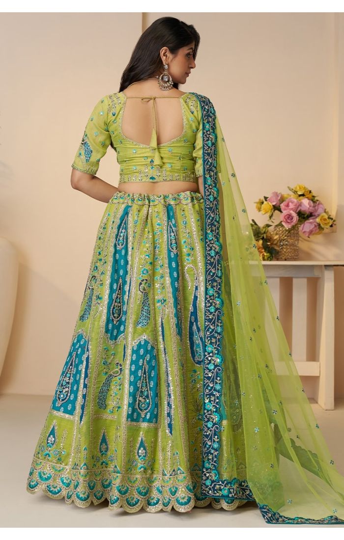 Back view of the blouse design showing keyhole cut-out and detailed embroidery on the dupatta.
