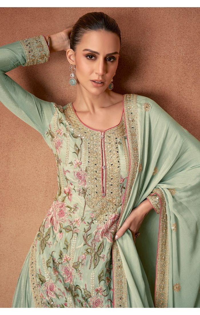 Elegant Green Chinon Silk Embroidered Salwar Suit with Dupatta for Wedding & Festive Wear