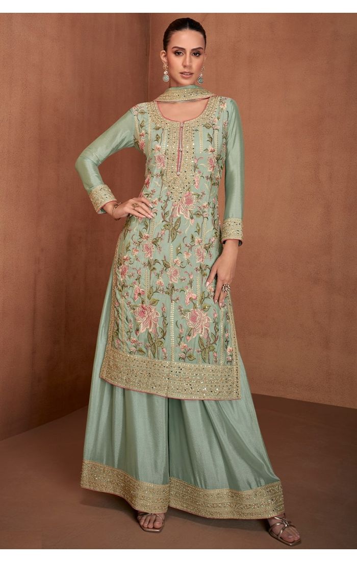 Elegant Green Chinon Silk Embroidered Salwar Suit with Dupatta for Wedding & Festive Wear