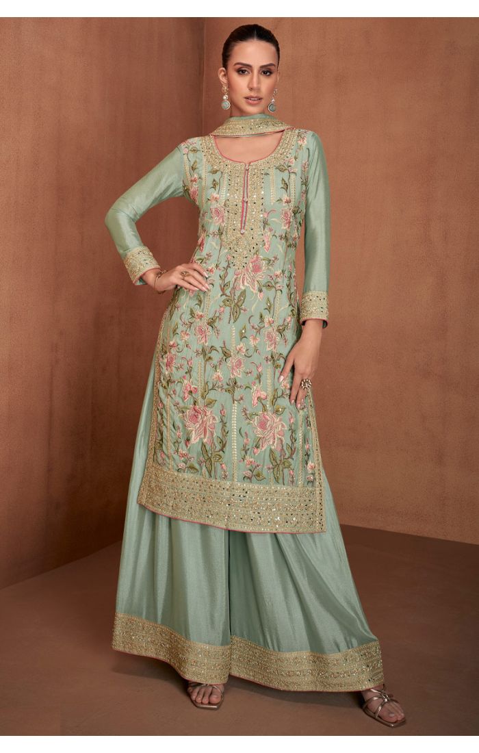 Buy Green Chinon Silk Embroidered Salwar Suit with Dupatta Festive & Wedding Wear online - SALV5689 | Appelle Fashion 