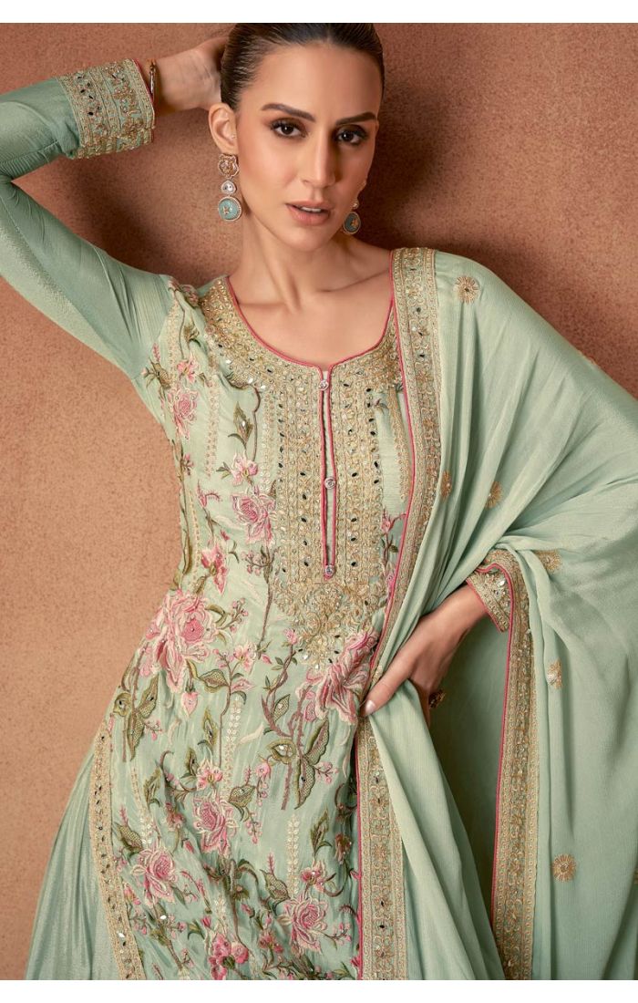 Buy Green Chinon Silk Embroidered Salwar Suit with Dupatta Festive & Wedding Wear online - SALV5689 | Appelle Fashion 