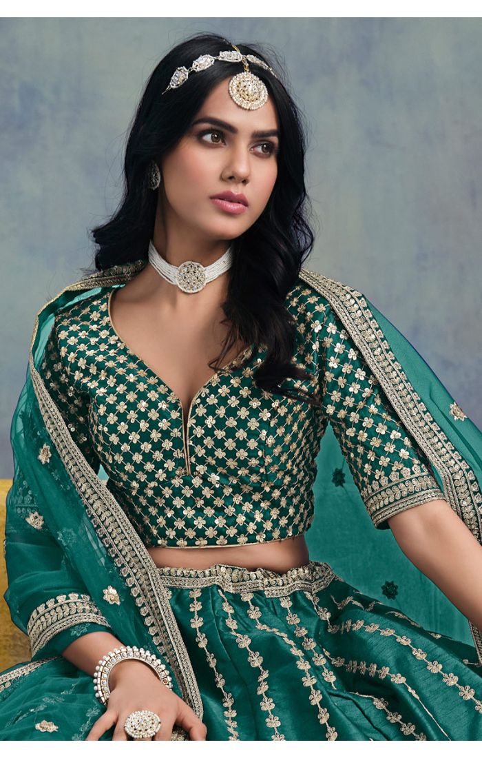 Close-up of Blouse Design & Embroidery Detailing – Green Lehenga Set