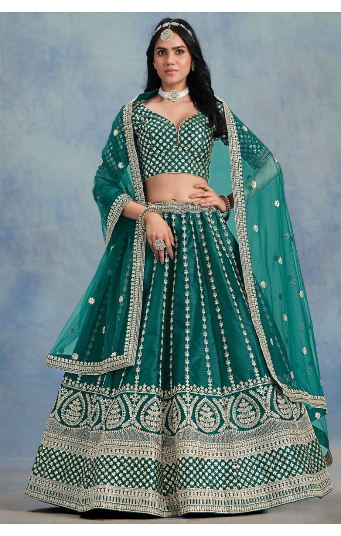 Green Embroidered Art Silk Lehenga Set - Front View