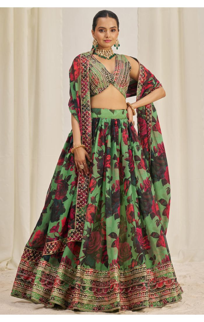 Full front view of green floral georgette lehenga choli set with embroidered dupatta