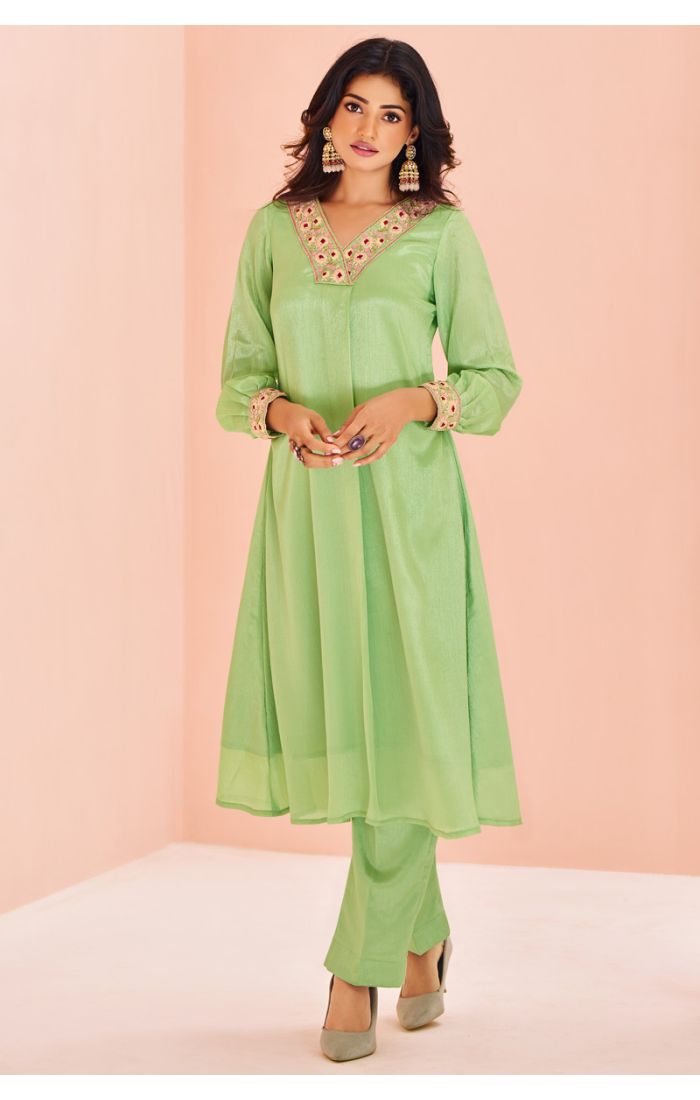 Green Mirror Work Silk Kurti Set with Elegant Embroidery for Eid Celebrations