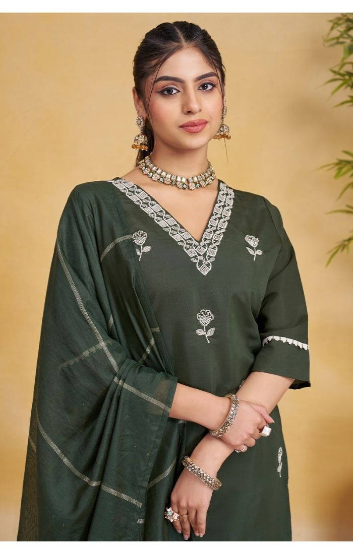 Green Roman Silk Salwar Suit with Embroidered Chanderi Dupatta – Elegant Wedding & Festive Wear for Women