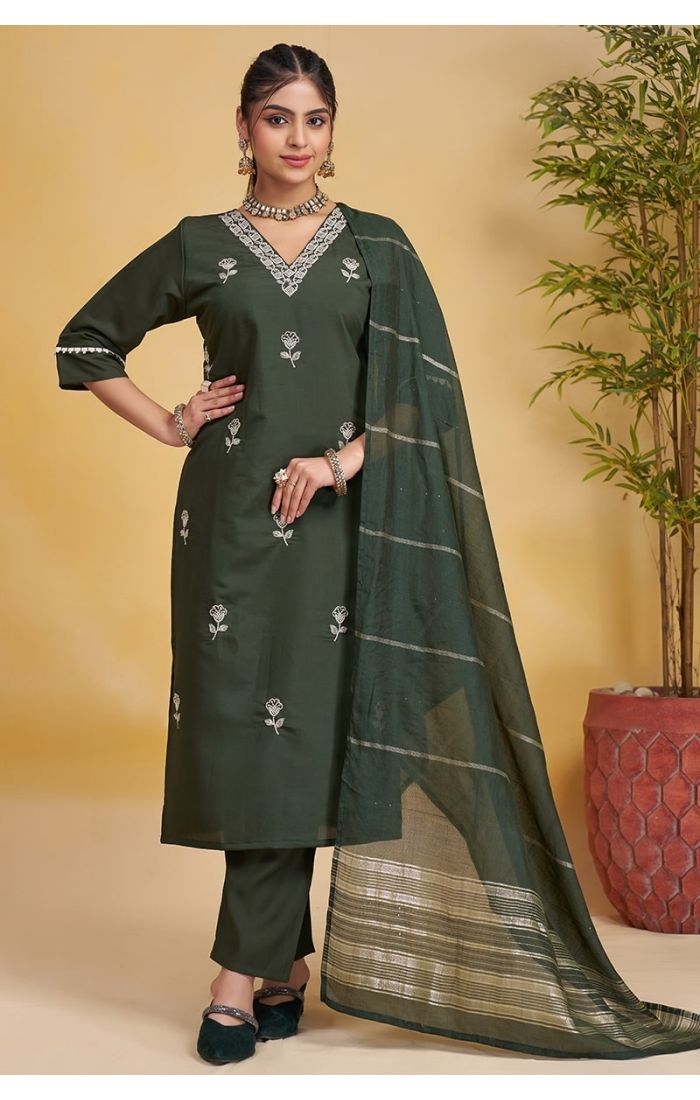 Green Roman Silk Salwar Suit with Embroidered Chanderi Dupatta – Elegant Wedding & Festive Wear for Women
