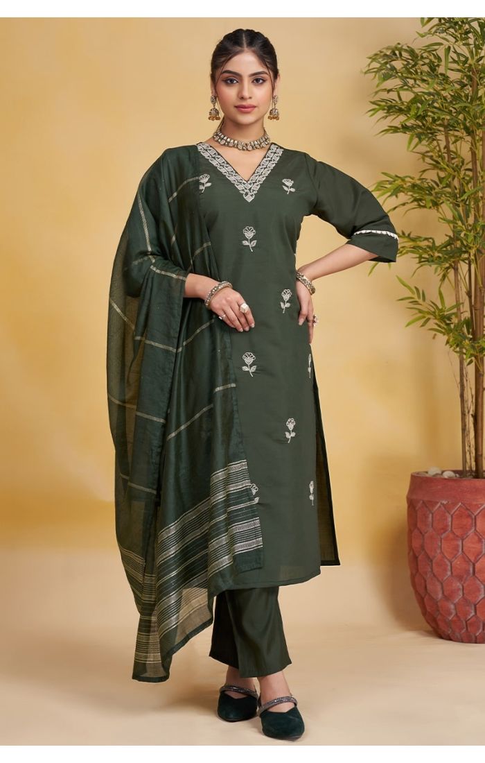 Green Roman Silk Salwar Suit with Embroidered Chanderi Dupatta – Elegant Wedding & Festive Wear for Women