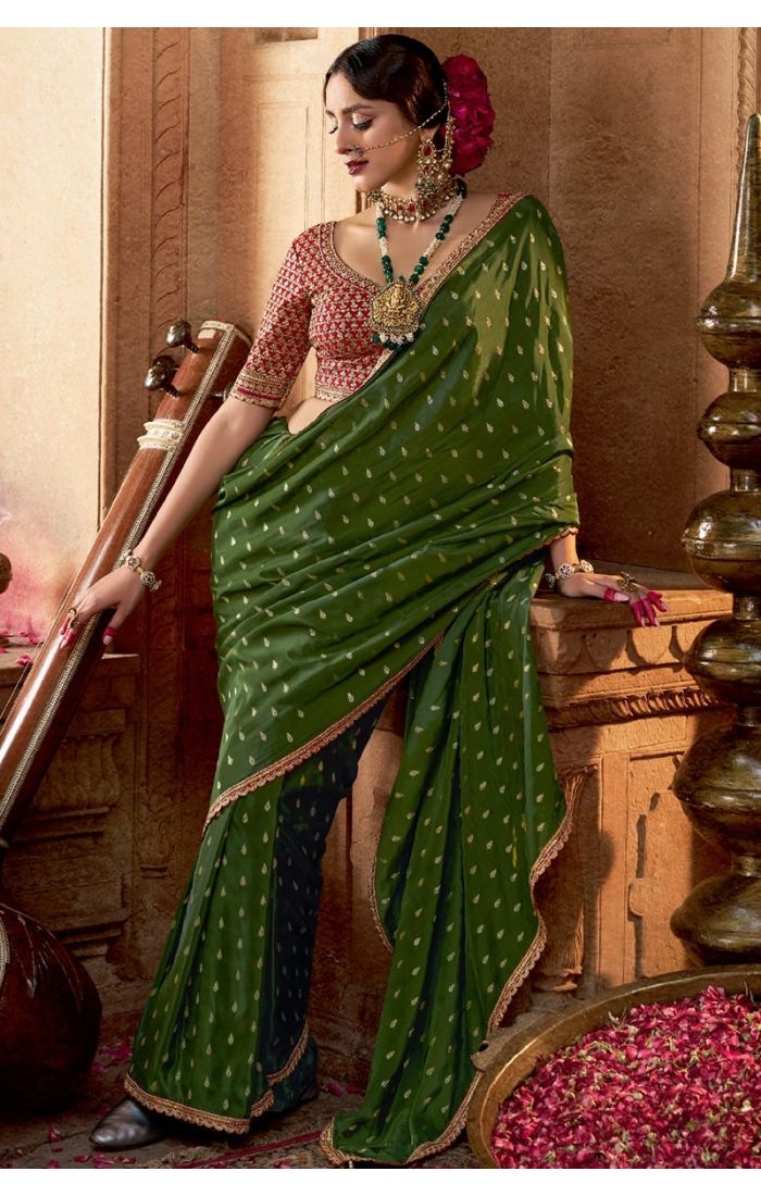 Full front view of green viscose crepe saree with lace border and embroidery