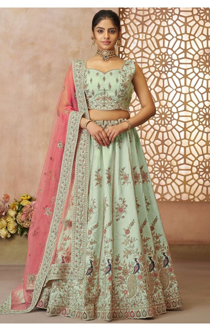 Green zari silk lehenga with peacock embroidery and pink dupatta – Indian bridal lehenga for UK