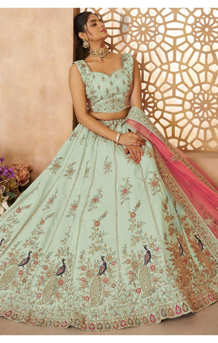  Elegant peacock motif lehenga skirt with net dupatta – green wedding lehenga Canada