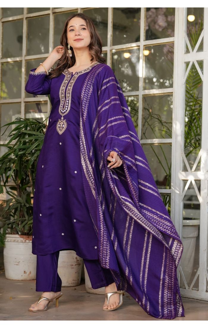 Imperial Purple Zari Embroidered Silk Kurta Pant Set with Dupatta – Festive & Wedding Wear