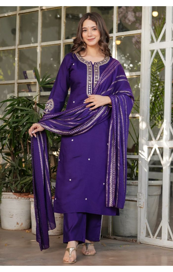 Imperial Purple Zari Embroidered Silk Kurta Pant Set with Dupatta – Festive & Wedding Wear