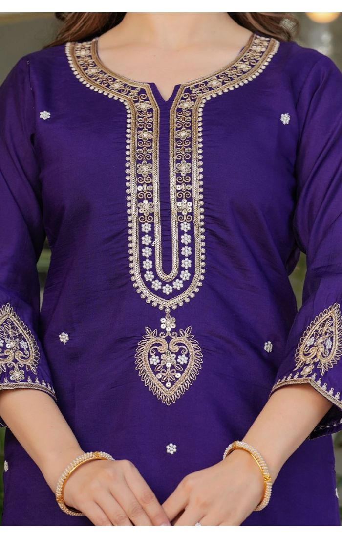 Imperial Purple Zari Embroidered Silk Kurta Pant Set with Dupatta – Festive & Wedding Wear