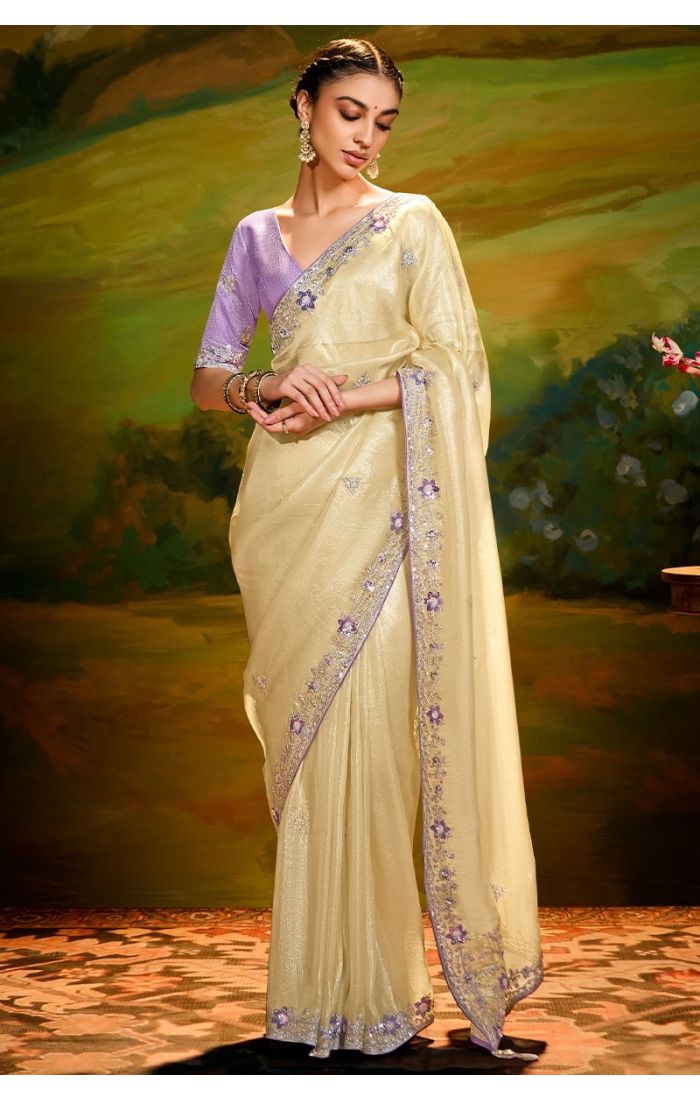  Front view of Ivory Bloom cream organza saree with lavender raw silk blouse – Appelle Fashion