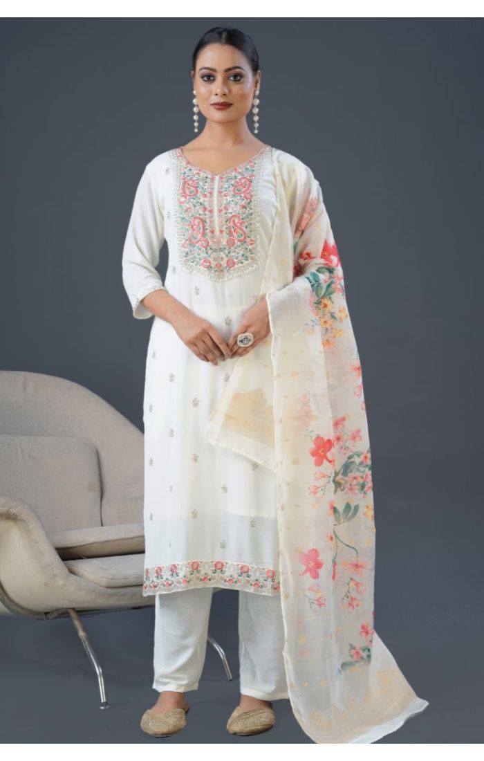 Model wearing ivory cotton kurta set with floral dupatta