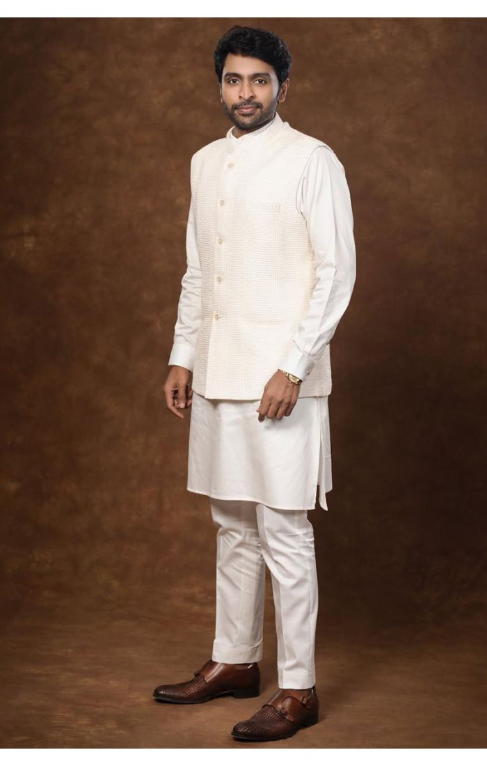 Men’s Ivory White Nehru Jacket Kurta Set – Elegant Wedding & Festive Wear