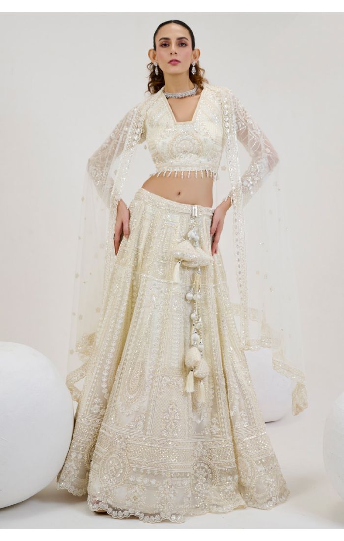 Ivory White Bridal Lehenga with Heavy Embroidery and Sequin Work in UK - LEHV3884