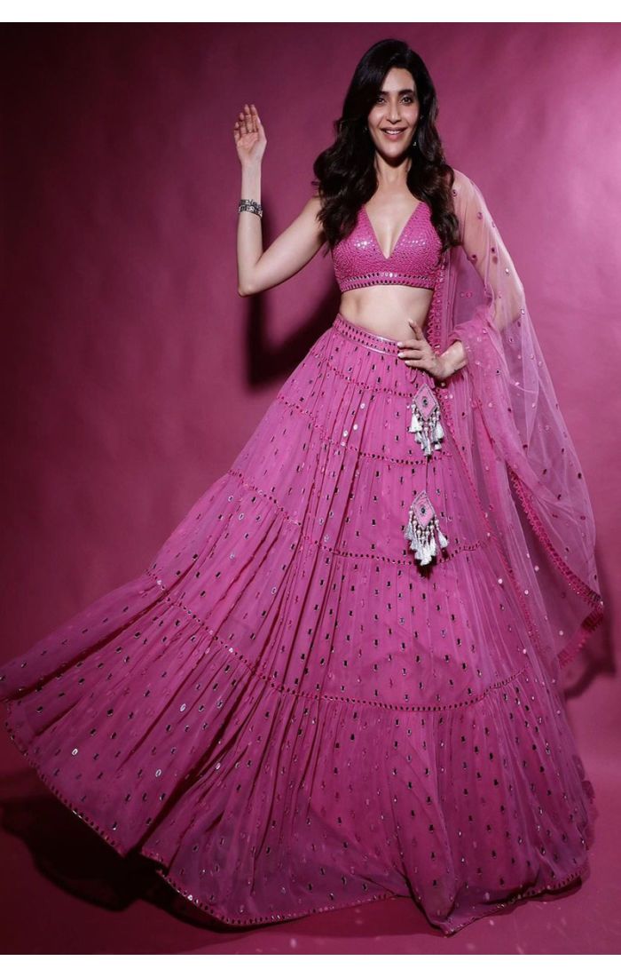 Karishma Tanna Pink Mirror Work Lehenga Choli with Intricate Embellishments