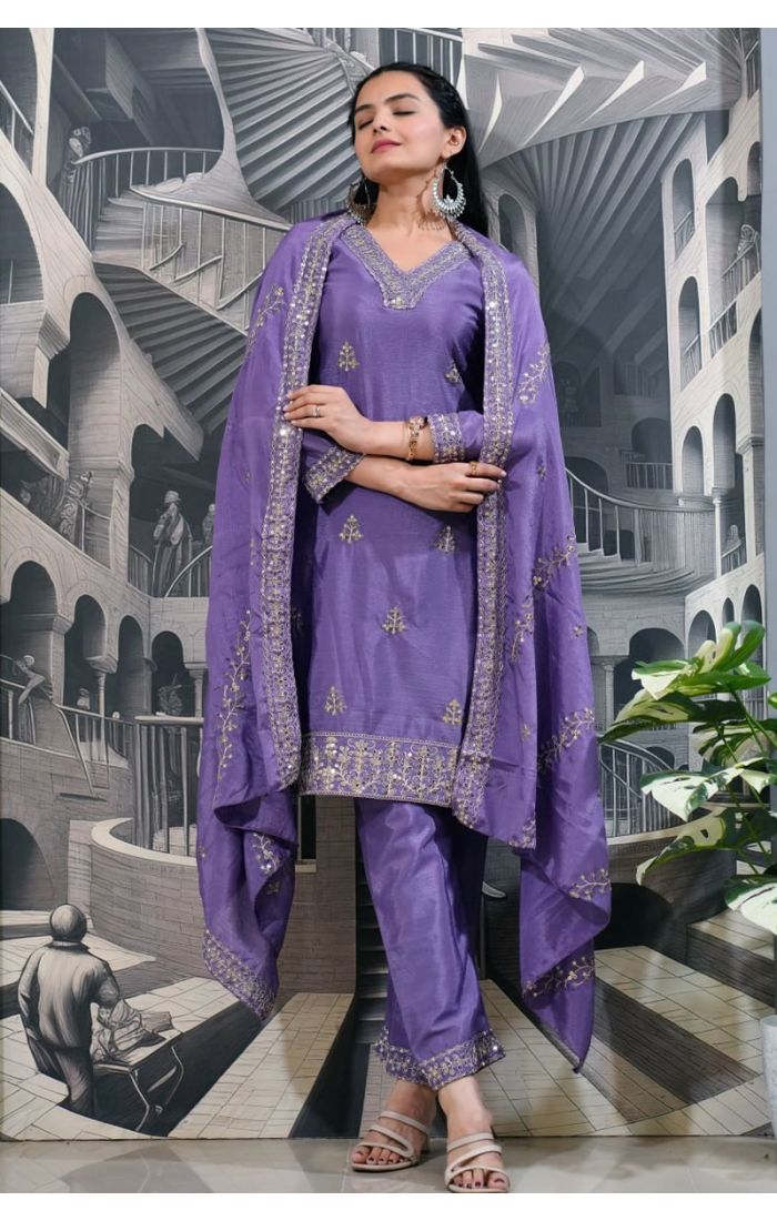 Lavender Chinon silk suit with embroidery and dupatta, perfect for weddings, festive wear, and ethnic occasions in the UK, USA, and Canada.