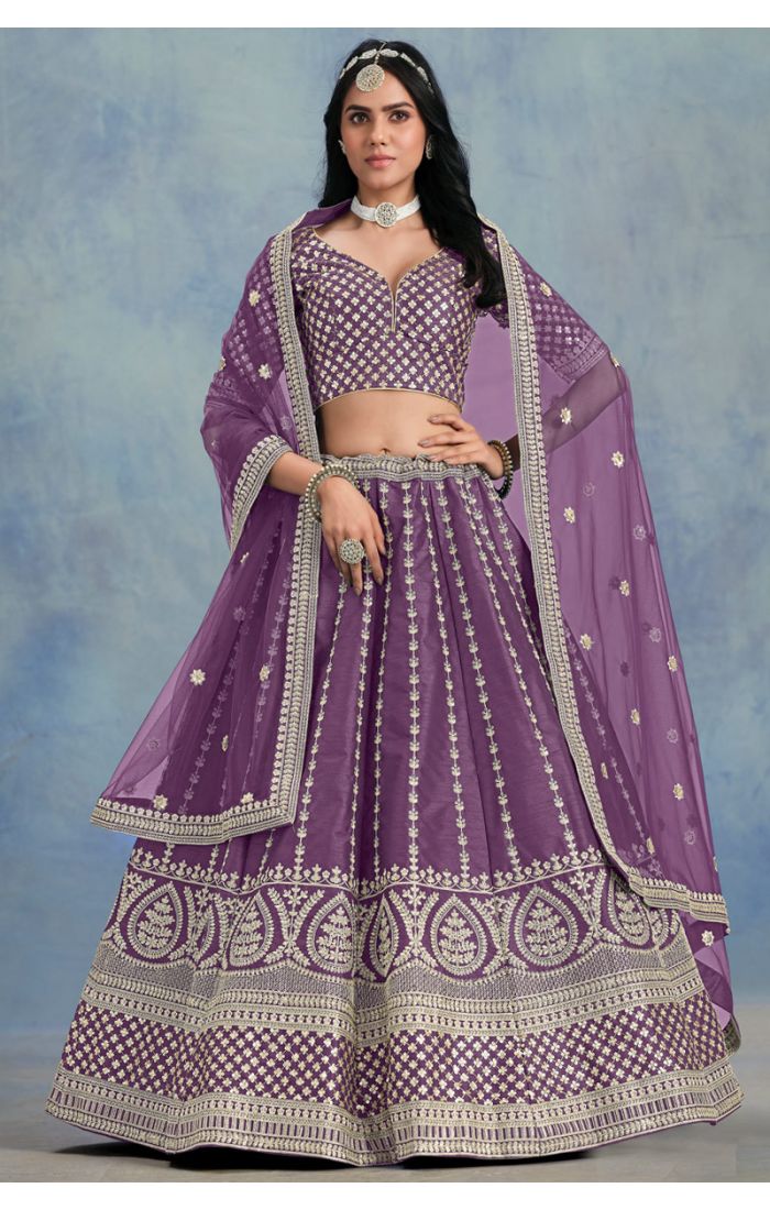 Lavender embroidered lehenga choli with net dupatta - full front view