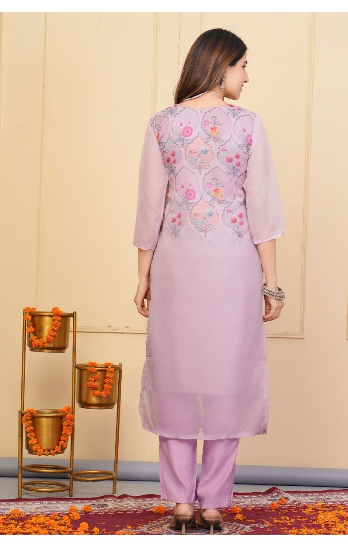  Lavender Embroidered Organza Kurta Set with Sheer Dupatta for Wedding & Festive Wear